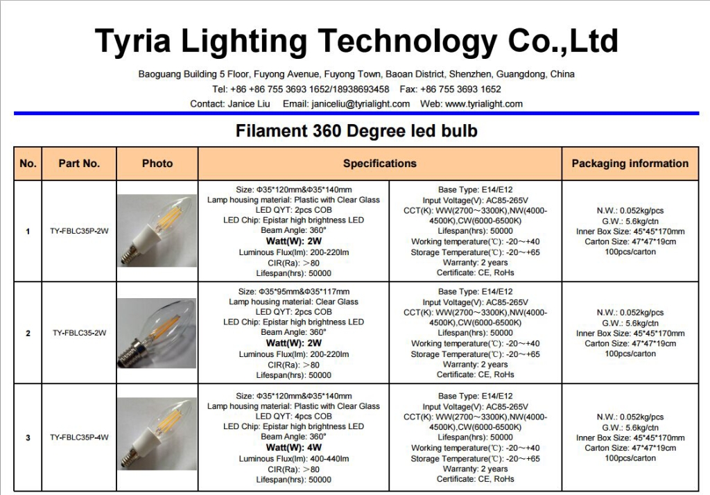 Guangdong Factory Filament Led Bulb Lights Tyria Lighting